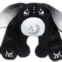 A Midnight Moon Pal – Collector’s 5 lb Weighted Plush black rabbit with long ears, a white belly patch featuring a crescent moon and stars, and crescent moon symbols on its feet.
