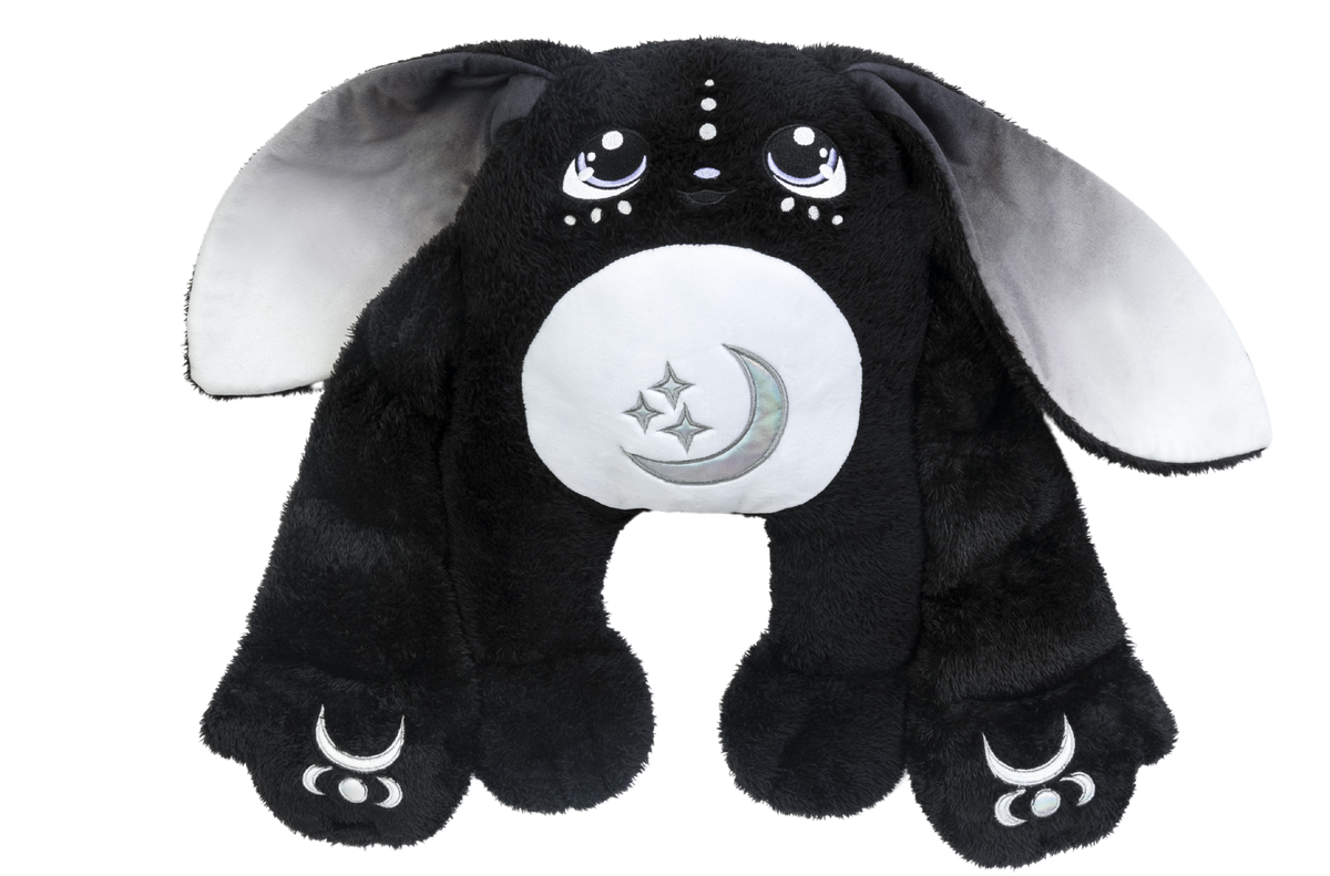 A Midnight Moon Pal – Collector’s 5 lb Weighted Plush black rabbit with long ears, a white belly patch featuring a crescent moon and stars, and crescent moon symbols on its feet.