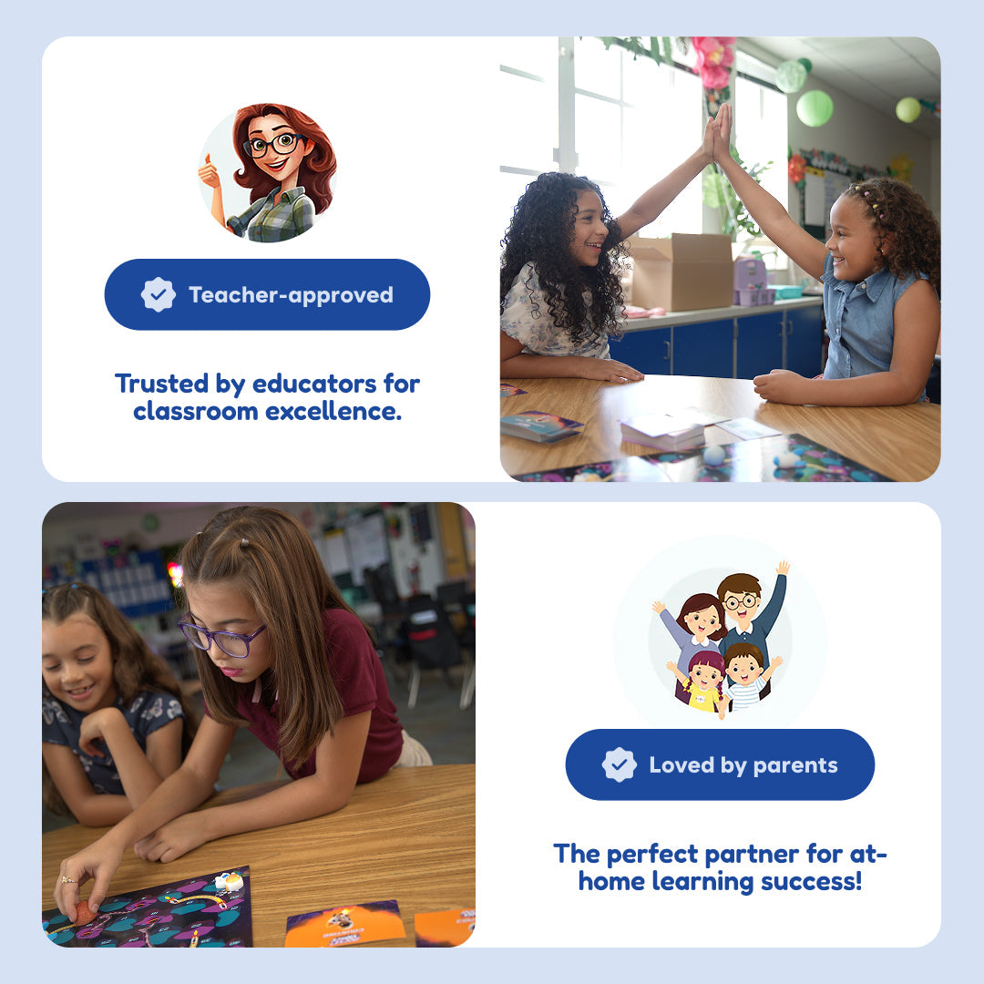 Children playing a Kindergarten Readiness Backpack learning game, featuring Teacher-approved and Loved by parents icons.