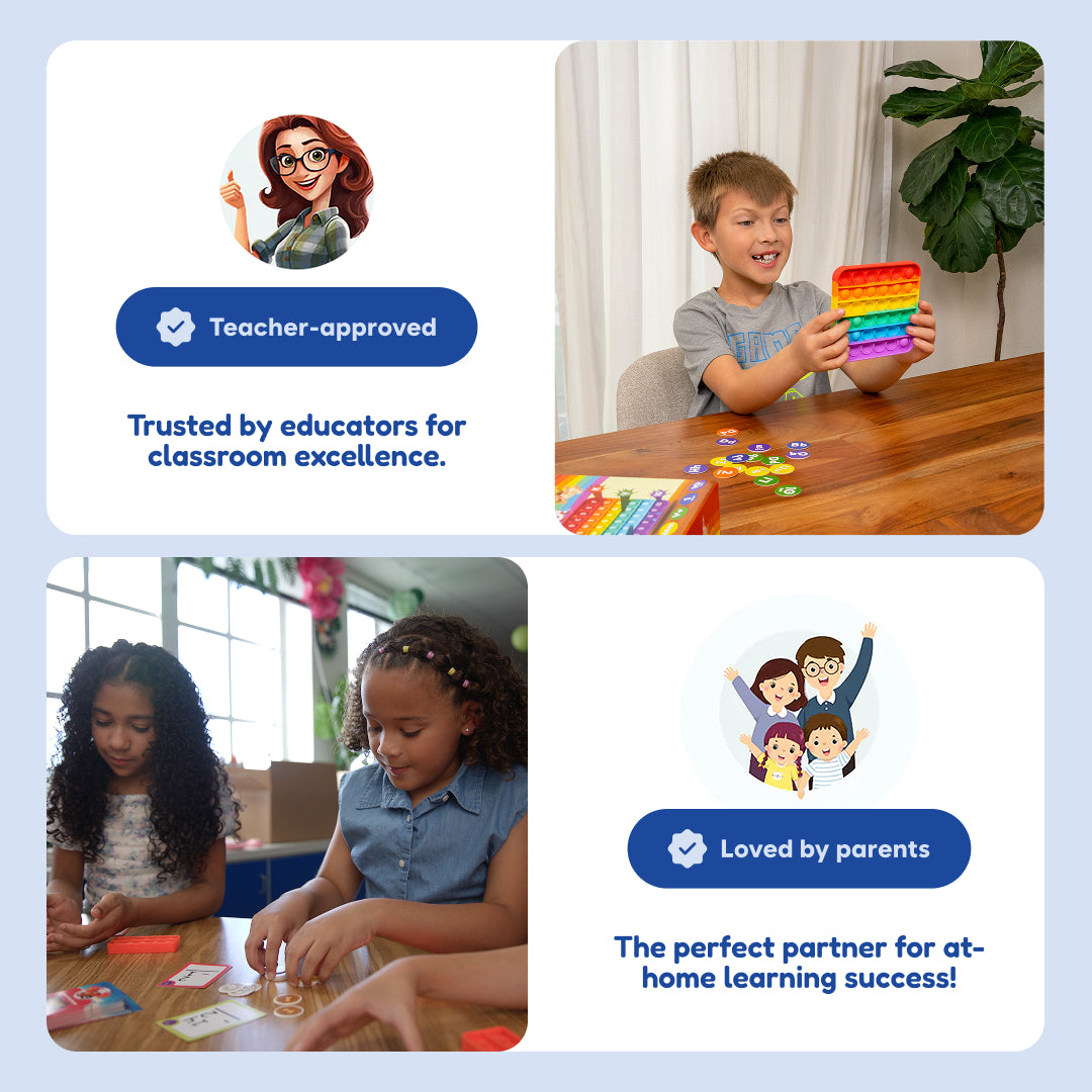 A collage of children using fidget mats and early math learning tools from the Pre-K Readiness Backpack at a desk, with icons showing a teacher and a family, captioned Teacher-approved and Loved by parents.