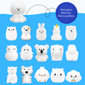 Collection of fifteen rechargeable, color-changing Luther the Lion silicone night lights, with a speech bubble that reads, More glow. More fun. More LumiPets.