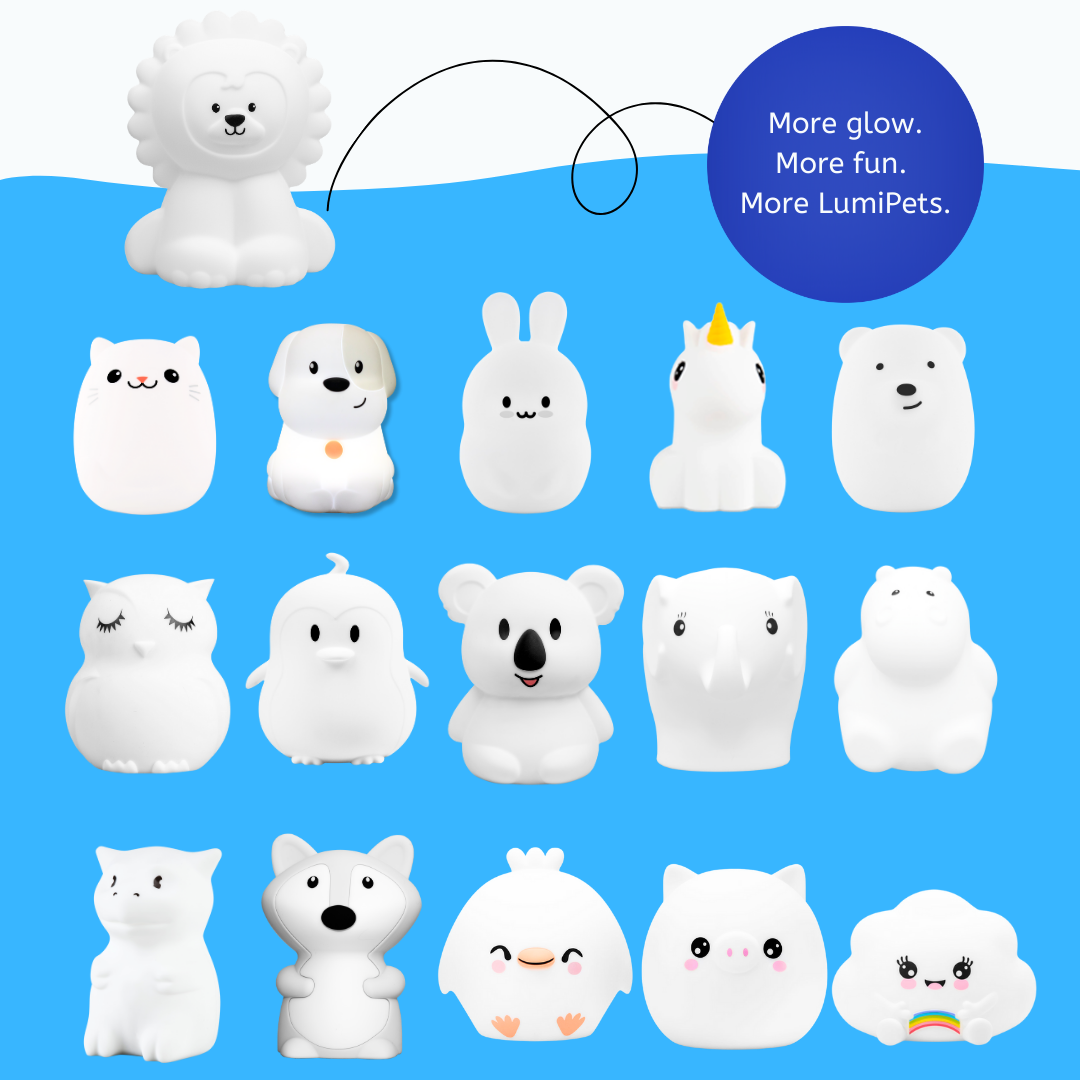 Collection of fifteen rechargeable, color-changing Luther the Lion silicone night lights, with a speech bubble that reads, More glow. More fun. More LumiPets.