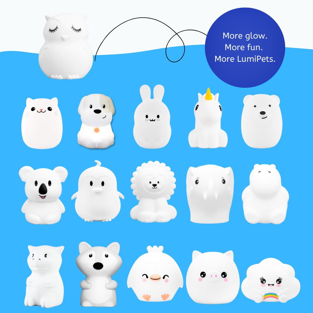 Fifteen white silicone animal night lights, including Opal the Owl, a cat, and a rabbit, with text stating More glow. More fun. These charming nursery lamps create a calming bedtime routine for children.