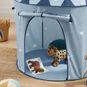 Starry Indoor Play Tent for Toddlers in light blue with a white star pattern, containing a plush leopard toy and an open children’s book.
