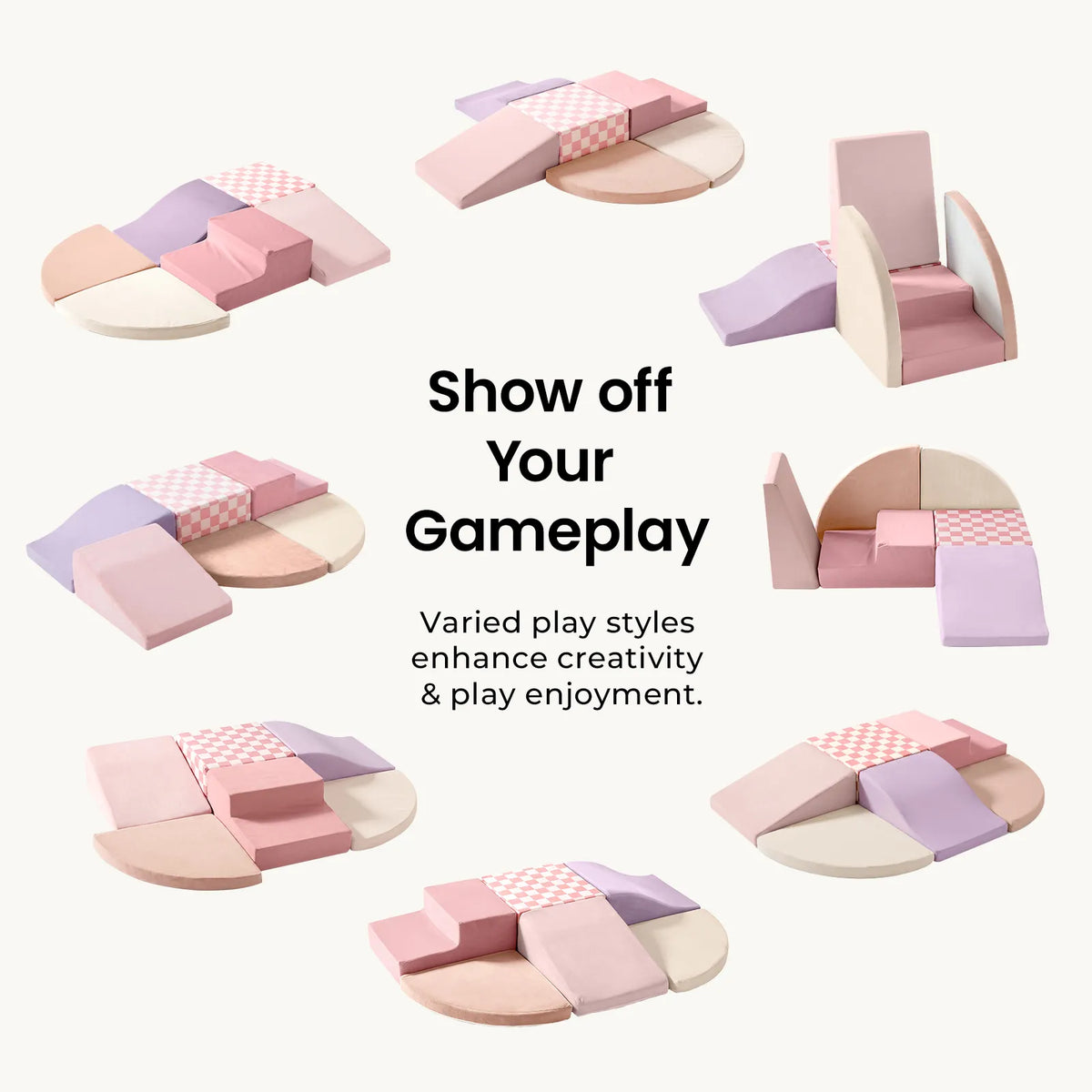Seven different arrangements of pink, purple, and cream PlayNest Soft Foam Climbing Blocks – Violet surround text that reads Show off Your Gameplay and Varied play styles enhance creativity & play enjoyment.