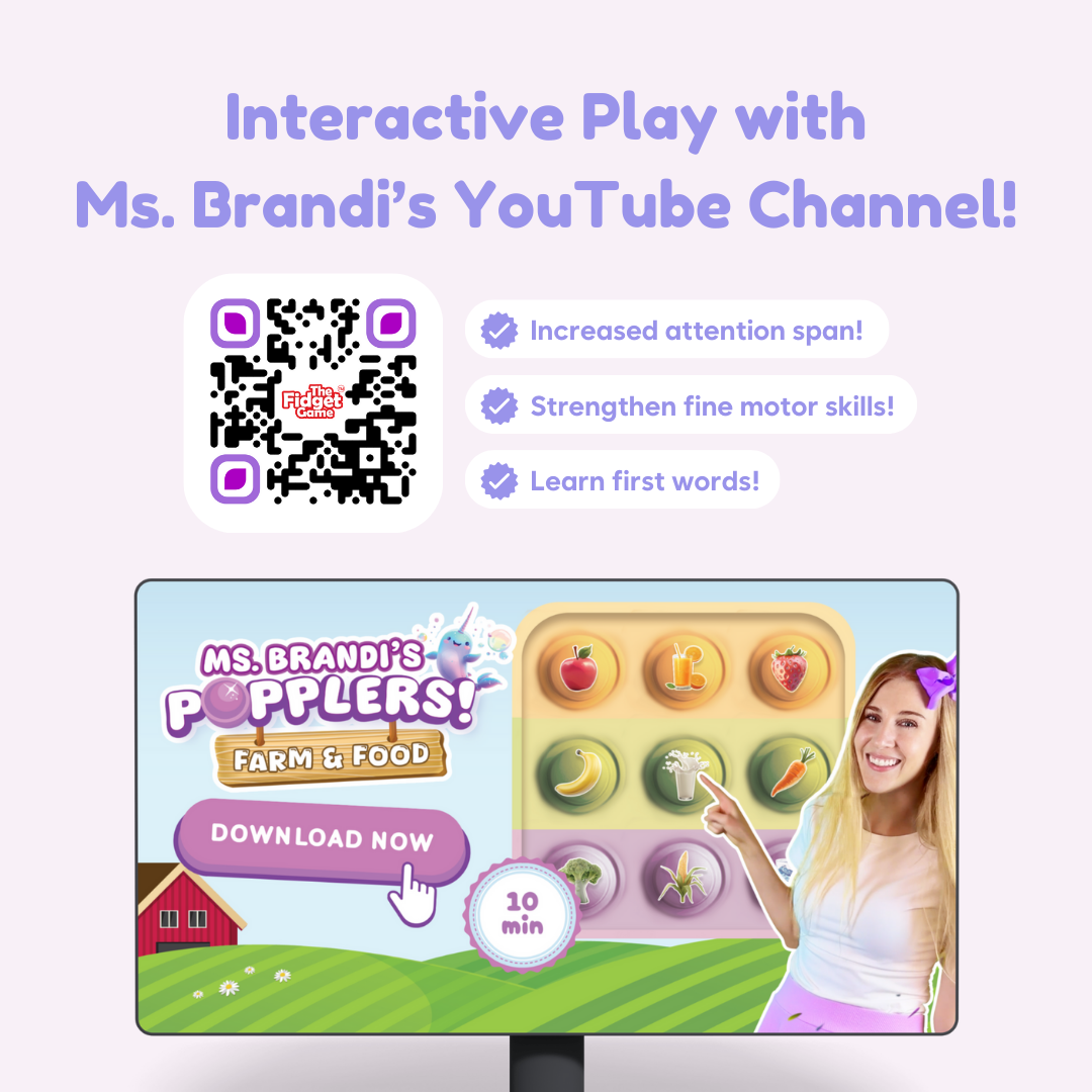 A QR code next to developmental benefits, above a screen showing a woman pointing at the Popplers Farm & Food Toddler Fidget Game and a Download Now button.