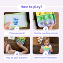 A four-step guide for the Popplers Farm & Food Toddler Fidget Game, showing a toddler using flashcards and a silicone bubble-popping tray with food icons to build fine motor skills.