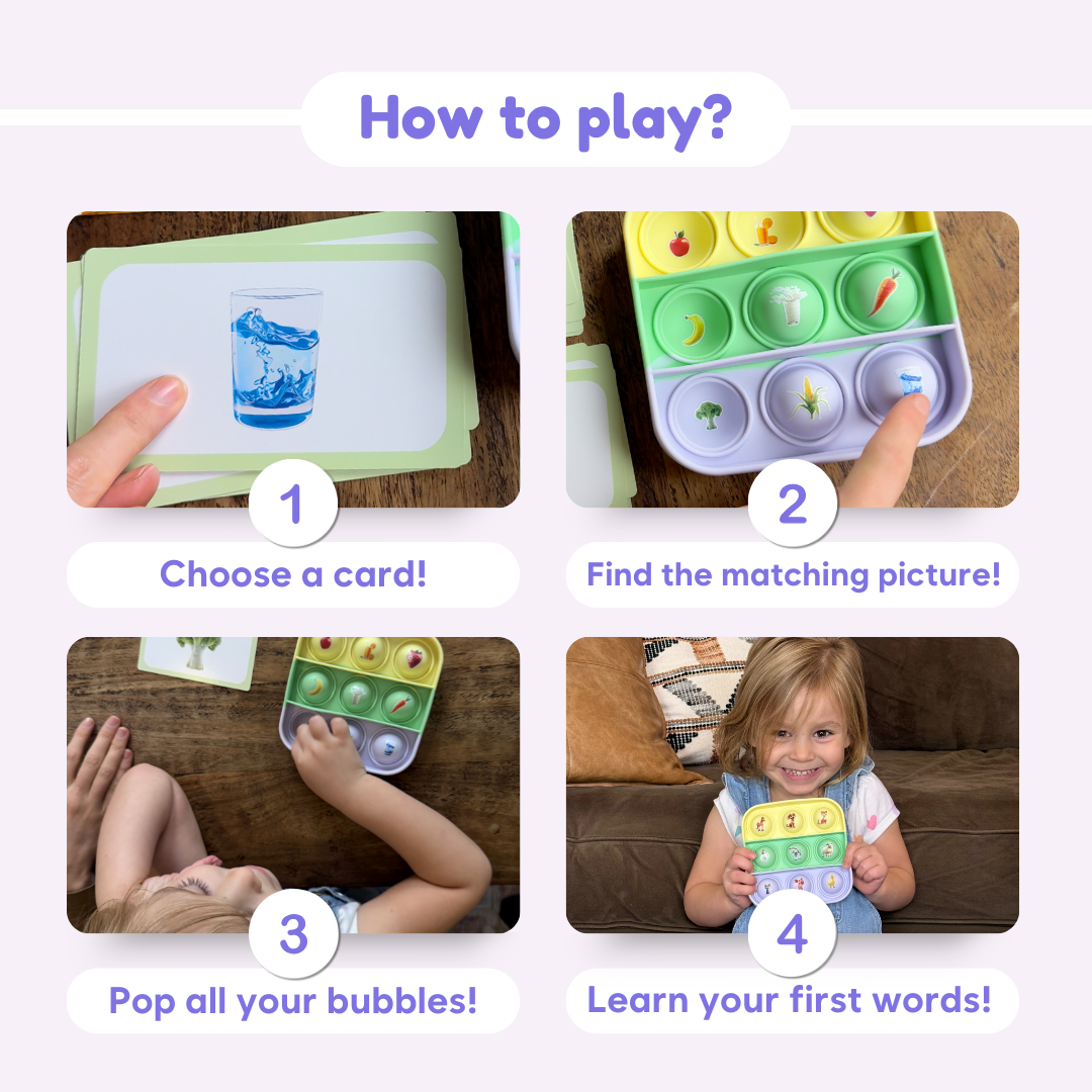 A four-step guide for the Popplers Farm & Food Toddler Fidget Game, showing a toddler using flashcards and a silicone bubble-popping tray with food icons to build fine motor skills.
