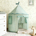 Starry Indoor Play Tent for Toddlers in mint green with a floral pattern, featuring a conical top, roll-up door, and an interior pillow and blanket.