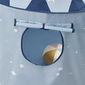 Starry Indoor Play Tent for Toddlers in blue with white stars, featuring a circular window with a rolled-up flap and a colorful ball inside.
