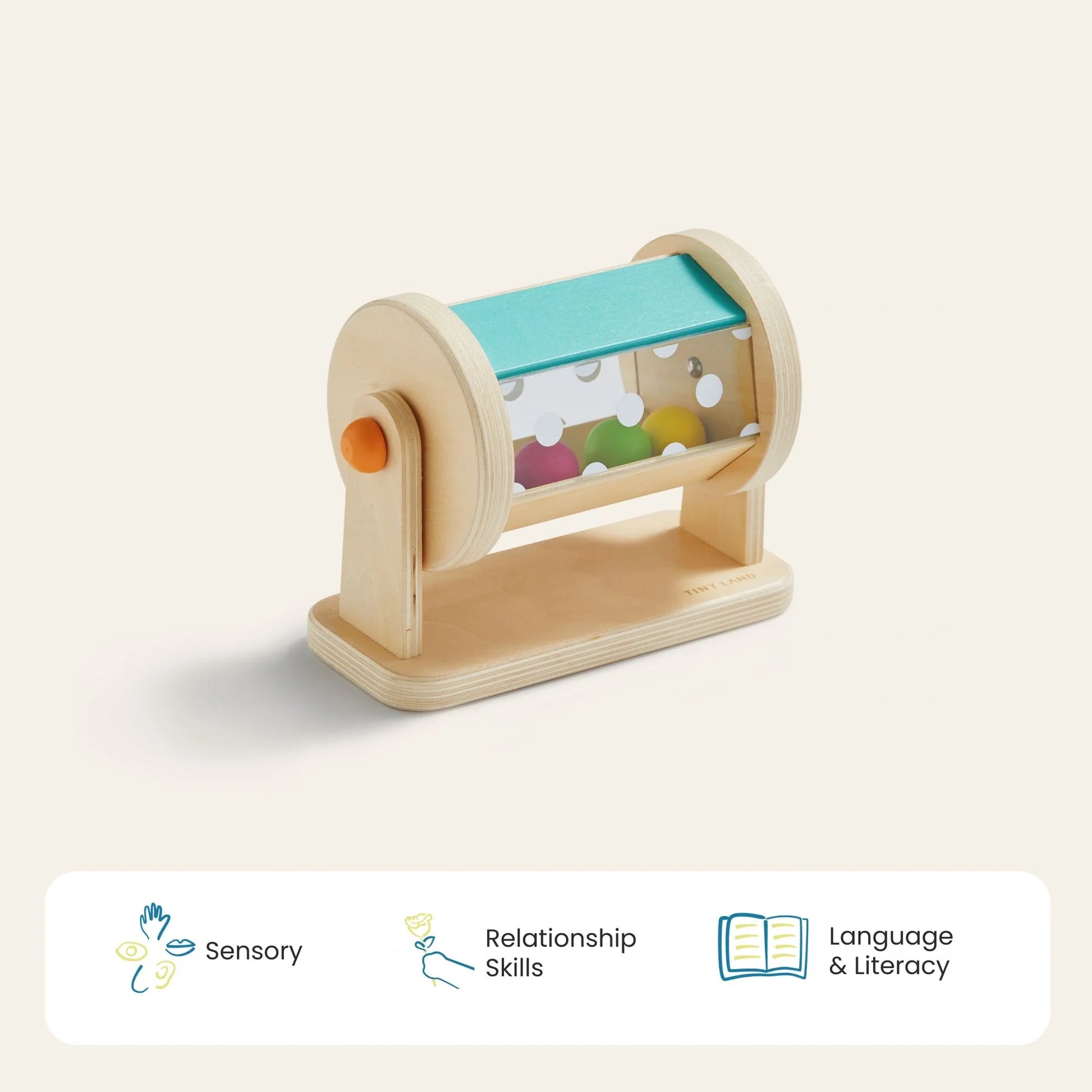 The Tiny Land® Montessori Toys for Newborns (4–6 Months) feature a wooden rotating drum with colorful beads on a base—ideal for fine motor skills. Icons and text below highlight: Sensory, Relationship Skills, and Language & Literacy.