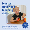A smiling child sits at a table with the Grades 1–2 Readiness Backpack, holding a red educational card that says Master advanced learning skills! and Hands-on tools for reading fluency and math confidence next to a Top Rated badge.