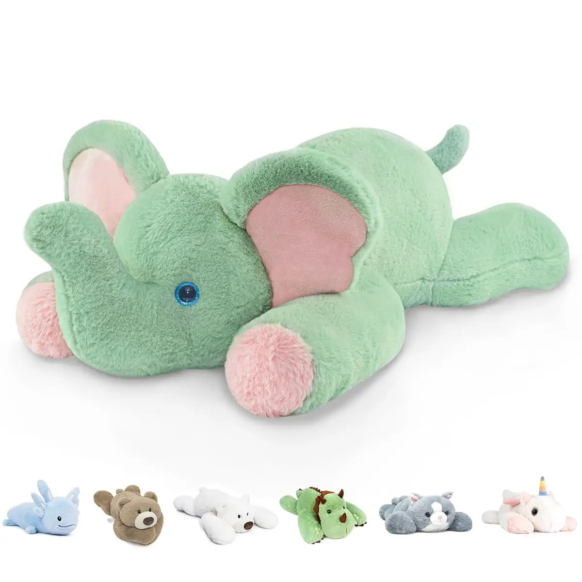 A Niuniu Daddy 20 elephant weighted plush pillow with soft fur lies down. Below it are six small stuffed animals: a bunny, bear, polar bear, dragon, dog, and unicorn—perfect gifts for kids and adults.
