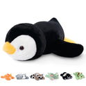 The Niuniu Daddy 20 Weighted Stuffed Animal in penguin color lays on its belly like a cozy plush pillow, with six smaller plush toys below: orange fox, gray cat, raccoon, green frog, gray mouse, and bear.