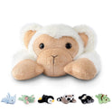 The Niuniu Daddy 20 monkey weighted stuffed animal plush pillow with soft beige and white fur lies cozy, with six smaller plush animals below: blue bunny, green frog, black and white penguin, raccoon, black dog, and green turtle.