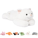 The Niuniu Daddy 20 White Cat Weighted Stuffed Animal Pillow is stretched out with head up, surrounded by smaller plush toys—pink bunny, orange fox, red panda, green dinosaur, white unicorn, and gray seal in similar poses.