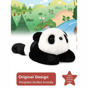 A Niuniu Daddy 20 weighted plush toy, perfect for adults and kids, lies on its stomach with soft fur against a green cartoon forest background. Below: “Original Design Weighted Stuffed Animals.” A red star label says “High Quality Stuffed Animal.”.
