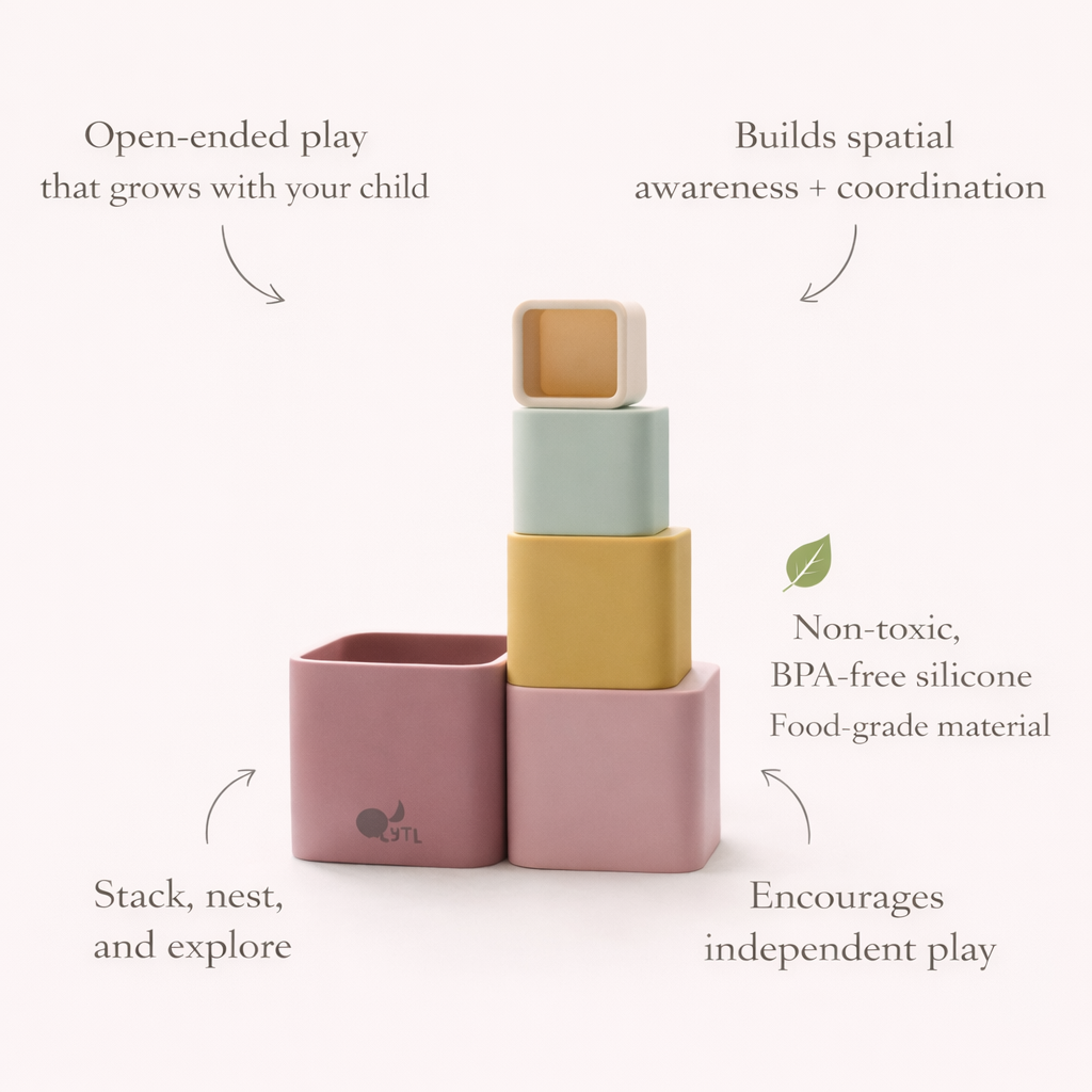 Five square Silicone Stacking Cups (Set of 5) in shades of pink, yellow, and green, surrounded by text highlighting developmental benefits and non-toxic, BPA-free, food-grade material.