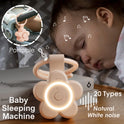 A baby sleeps beside the Portable Newborn Baby Sleeping Gadgets White Noise Device Night Sound Machine, which features soothing lights and 20 calming sounds. Music notes and text highlight its portability and relaxing benefits for babies and adults.