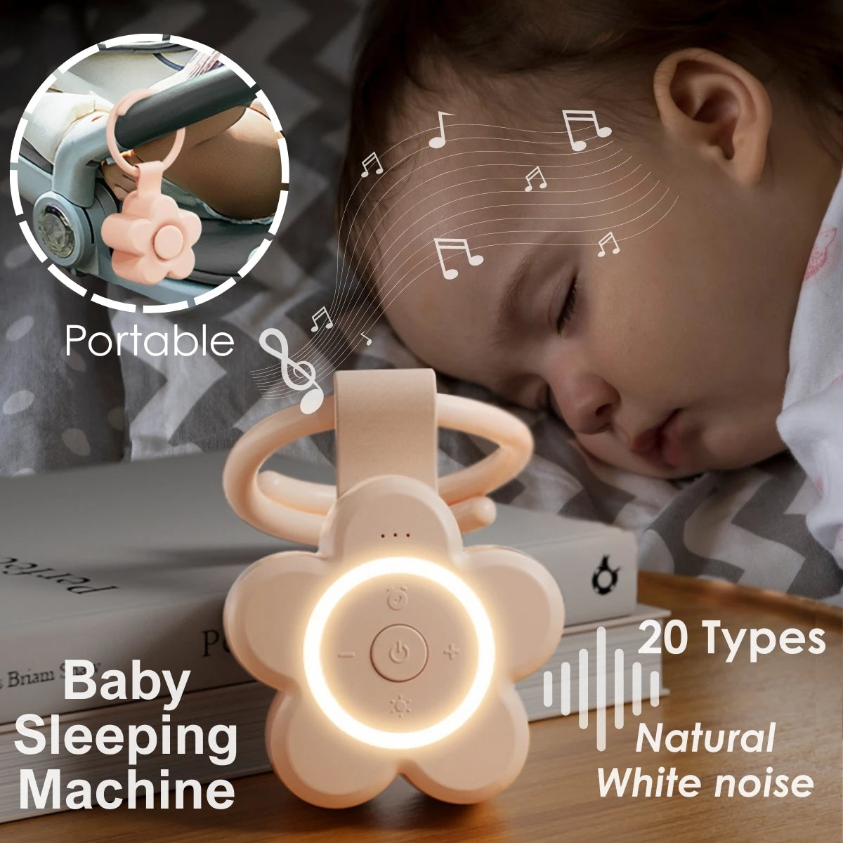 A baby sleeps beside the Portable Newborn Baby Sleeping Gadgets White Noise Device Night Sound Machine, which features soothing lights and 20 calming sounds. Music notes and text highlight its portability and relaxing benefits for babies and adults.