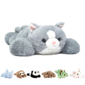 The Niuniu Daddy 20 Weighted Stuffed Animals Cat is a large, gray plush pillow with soft fur. Below it are six small plush animals: blue bunny, brown sloth, panda, dog, green dinosaur, and white unicorn. Perfect gift for kids or adults.