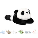 The Niuniu Daddy 20 weighted panda plush toy pillow features soft fur and a cushion-like body. Displayed below it are six smaller stuffed animals, including a rabbit, bear, seal, dinosaur, elephant, and unicorn.