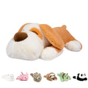 The Niuniu Daddy 20 Weighted Plush Dog Pillow, in the Dog color, lies on its stomach with eyes closed. Below it are six mini stuffed animals: a white seal, pink bunny, brown bear, sloth, green turtle, and a panda.