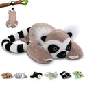 The Niuniu Daddy 20 Weighted Stuffed Animal in lemur lies on the ground, its soft plush body featuring a striped tail and big eyes. In front are smaller stuffed animal pillows—dog, cat, penguin, frog, bear, and turtle.
