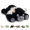 A Niuniu Daddy 20 weighted plush toy pillow in highlandcow color lies down cozily, surrounded by six smaller animal pillows—a monkey, frog, penguin, raccoon, panda, and dragon—all matching in cute style.