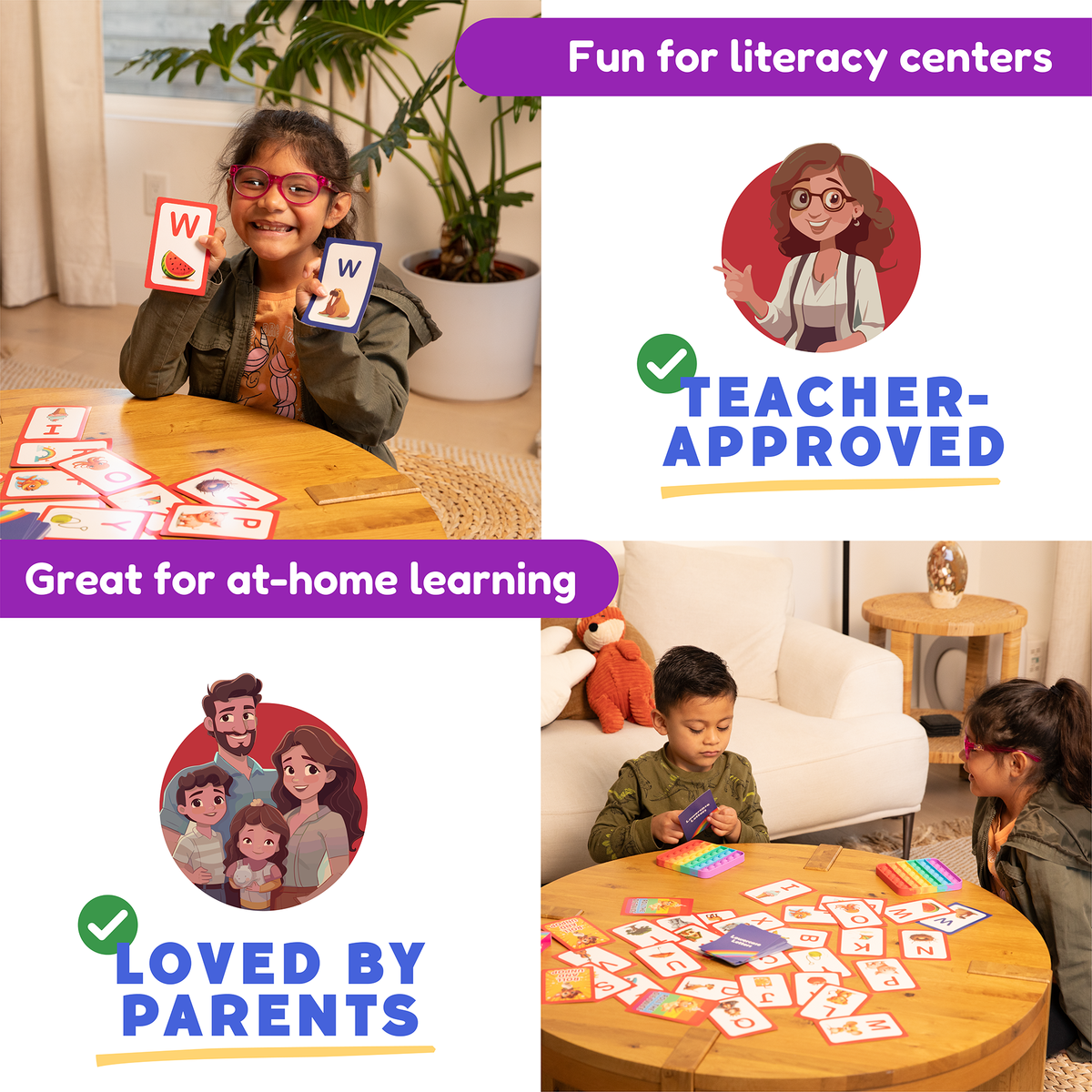 Two children sit at a wooden table using an ABC Uppercase & Lowercase Letters Card Pack, with one child holding up watermelon and whale flash cards while the other practices letter recognition.