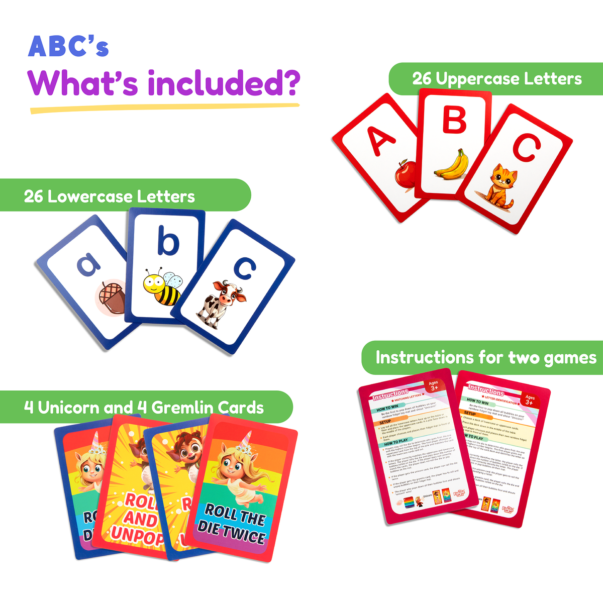 ABC Uppercase & Lowercase Letters Card Pack featuring 26 uppercase and 26 lowercase letter cards, four unicorn cards, four gremlin cards, and two instruction cards for letter recognition.