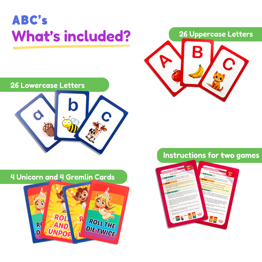 ABC Uppercase & Lowercase Letters Card Pack featuring 26 uppercase and 26 lowercase letter cards, four unicorn cards, four gremlin cards, and two instruction cards for letter recognition.