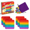 ABC BINGO! Letter Sounds Game set including a box, purple drawstring bag, colorful letter and number tokens, and four square silicone push-pop boards for letter recognition.