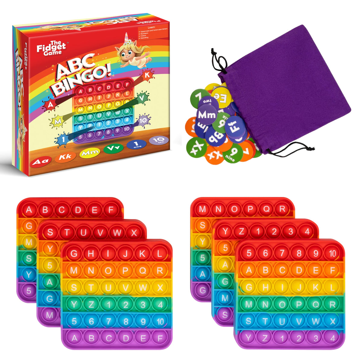 ABC BINGO! Letter Sounds Game set including a box, purple drawstring bag, colorful letter and number tokens, and four square silicone push-pop boards for letter recognition.