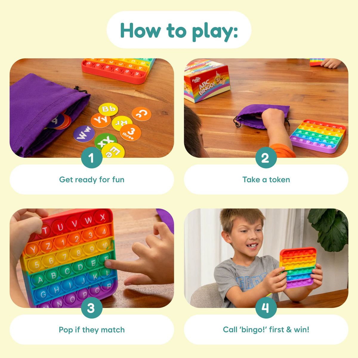 Four-step guide for playing the ABC BINGO! Letter Sounds Game with a purple storage bag, letter tokens, and a colorful grid-patterned fidget bingo pop-it toy.