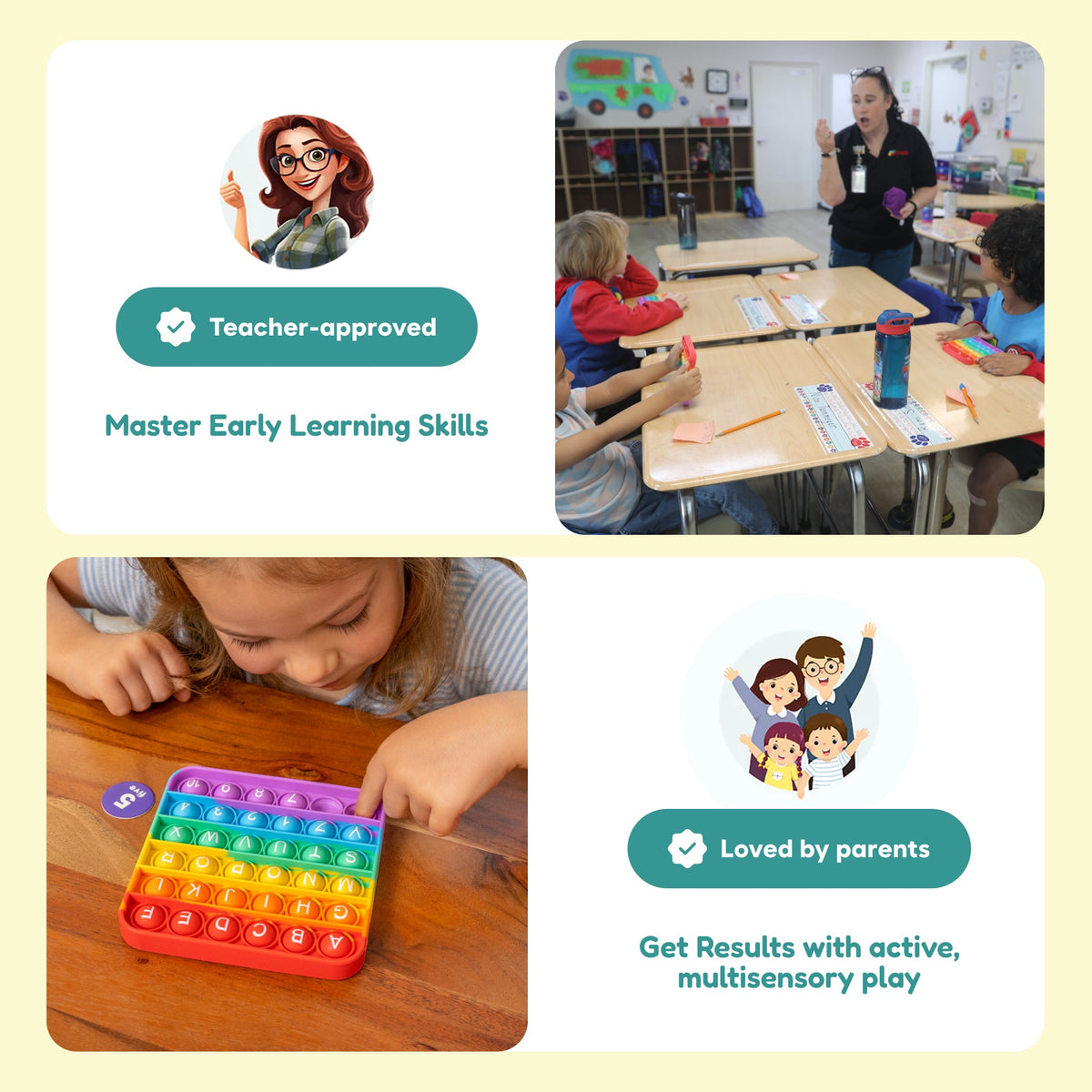 A collage showing a teacher and students using ABC BINGO! Letter Sounds Game alphabet pop-it toys for letter recognition in a classroom, alongside a child using the same fidget bingo tool at a table.
