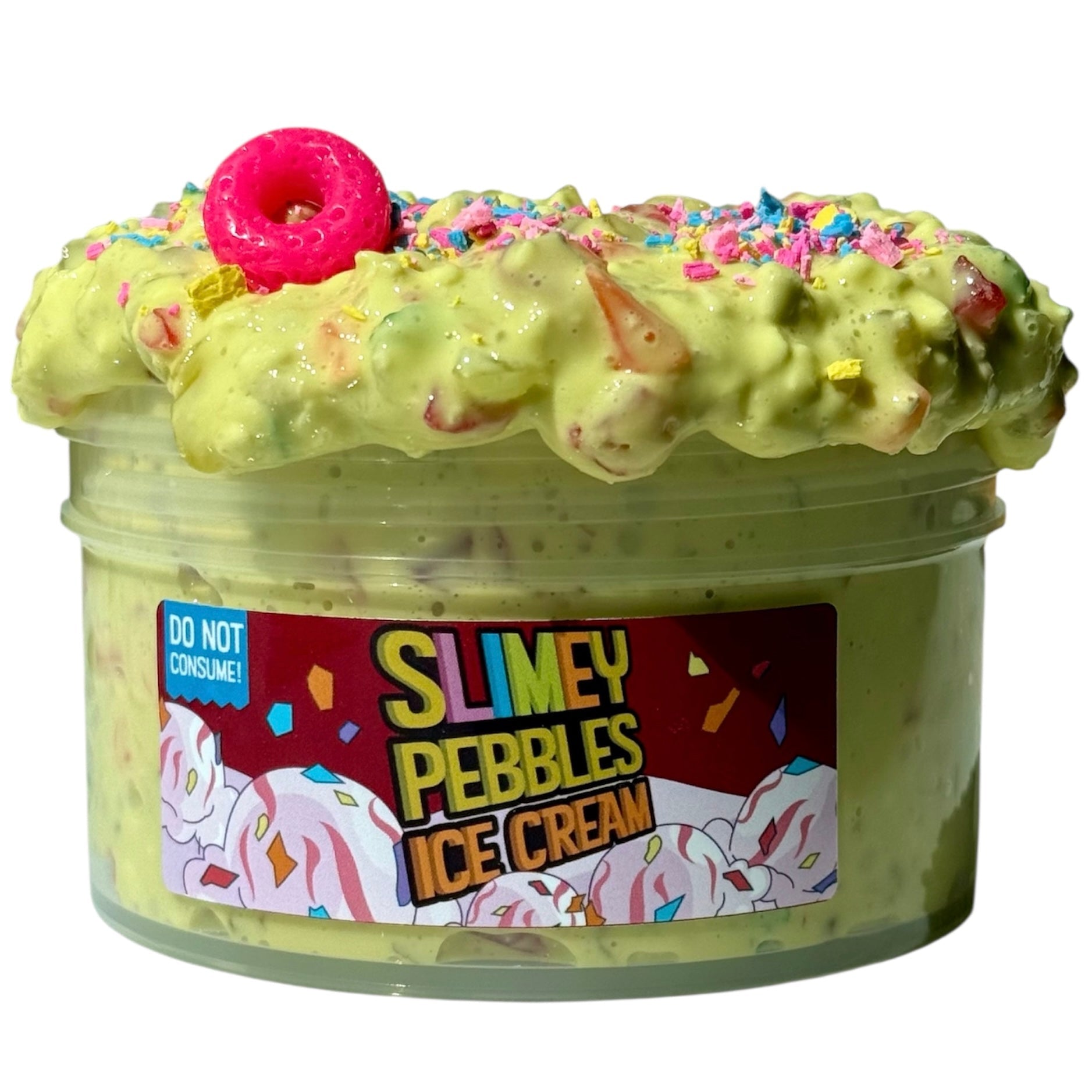 Slimey Pebbles Ice Cream Slime (7 oz) features yellow perlite silica slime with rainbow sprinkles and a Fruit Loops charm. Scented like Fruit Loops, it’s great for sensory play. DO NOT CONSUME!.