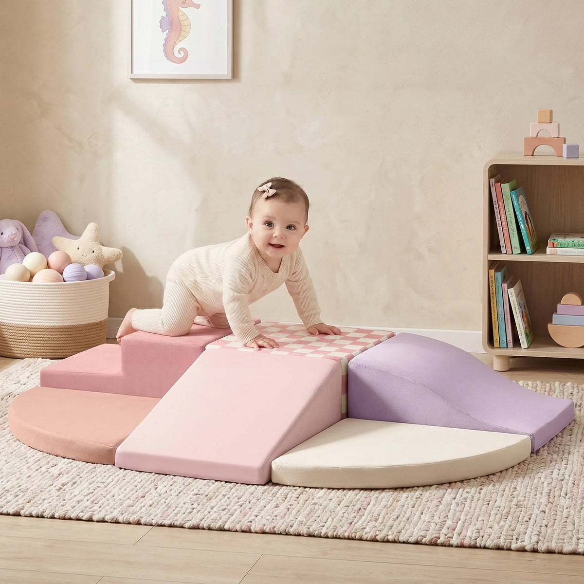 A baby crawls over a PlayNest Soft Foam Climbing Blocks – Violet obstacle course made of soft, modular foam blocks in shades of pink, purple, and cream.