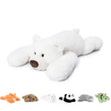 The Niuniu Daddy 20 White Bear Weighted Plush Pillow lies on its stomach, with six smaller plush animals—orange fox, brown dog, white cat, panda, gray seal, and green dinosaur—arranged below it.