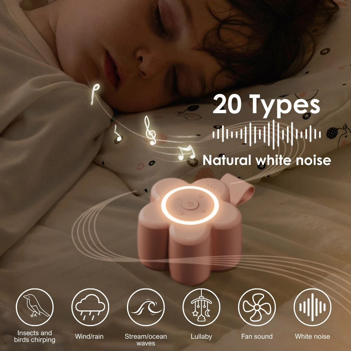 A sleeping child rests beside the Portable Newborn Baby Sleeping Gadgets White Noise Device, shaped like a pink flower. Musical notes and sound waves float nearby. Icons display soothing sounds: rain, waves, lullaby, and fan.