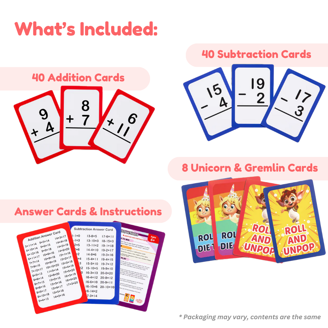 Grade 1 & 2 Addition & Subtraction Card Pack containing practice cards for addition and subtraction, answer keys, instructions, and themed cards featuring unicorns and gremlins.