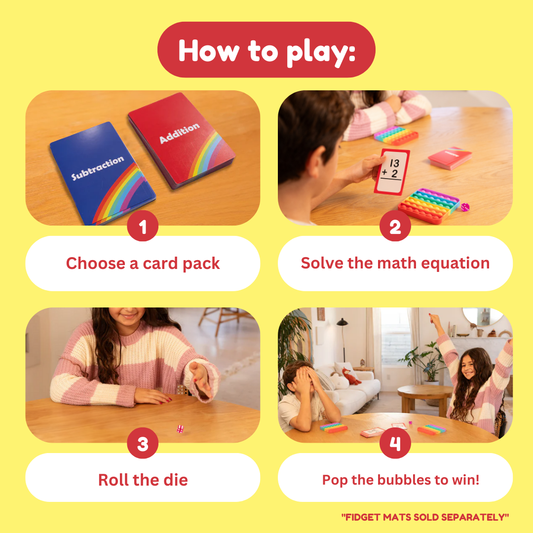A four-step instructional graphic for the Grade 1 & 2 Addition & Subtraction Card Pack: 1. Choose a card pack, 2. Solve the equation, 3. Roll the die, 4. Pop the bubbles on the fidget toy to win.