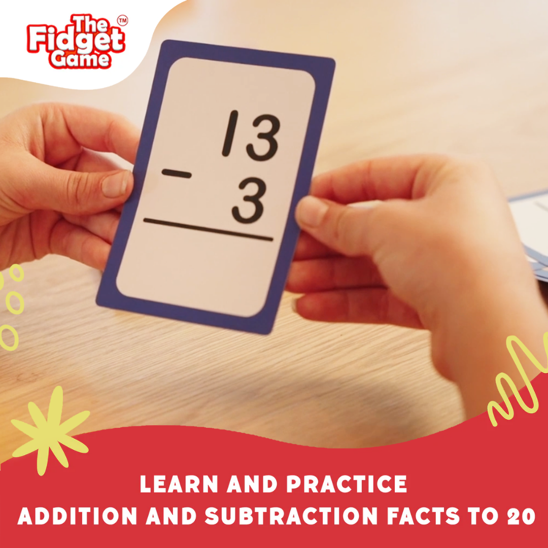 Hands hold a Grade 1 & 2 Addition & Subtraction Card Pack flashcard showing the subtraction problem 13 minus 3.