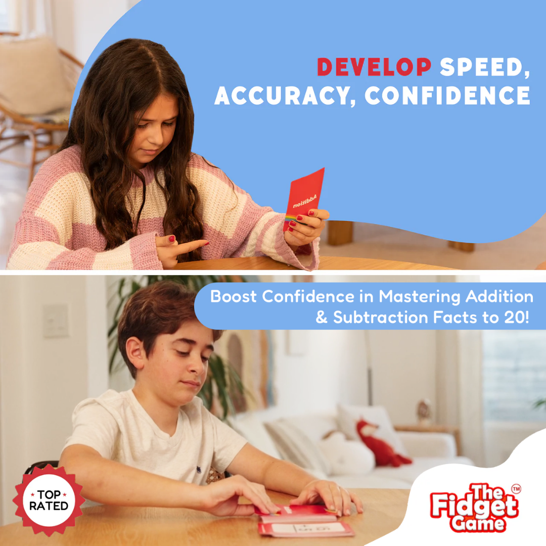 A girl holds a flashcard while a boy arranges Grade 1 & 2 Addition & Subtraction Card Pack cards on a table for practice, with text promoting speed, accuracy, and confidence in mastering math facts to 20.