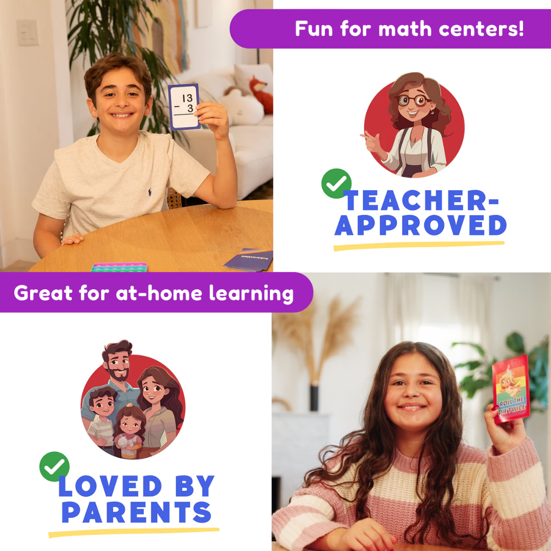 A collage for the Grade 1 & 2 Addition & Subtraction Card Pack shows a boy with a subtraction card, a girl with a math game card, and illustrations of a teacher and family, featuring text about math centers, learning, and fact practice.