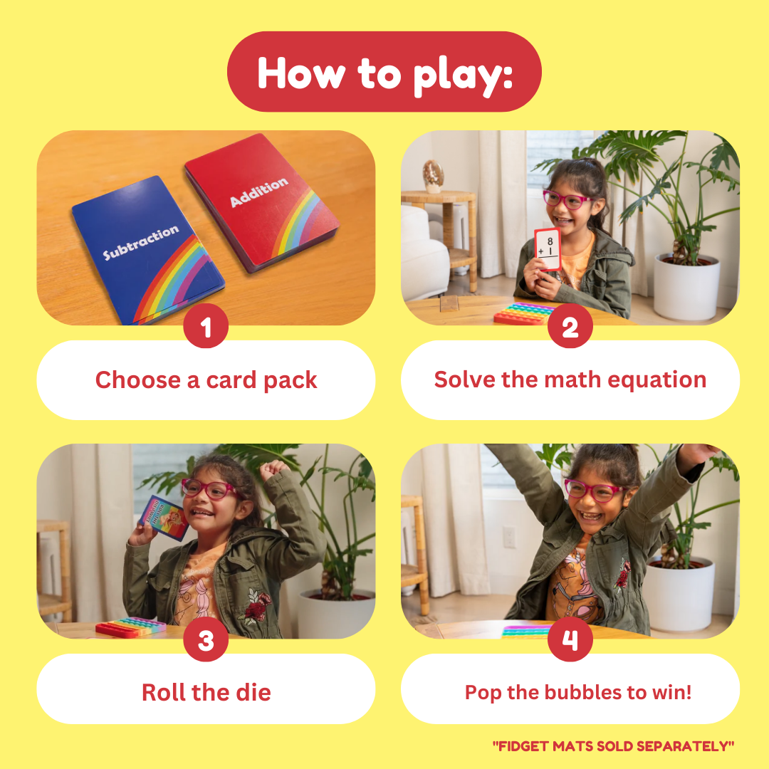 A four-step instructional graphic for the Pre-K & K Addition & Subtraction Card Pack, showing decks of cards, a girl solving an equation, holding a die, and celebrating with hands raised.