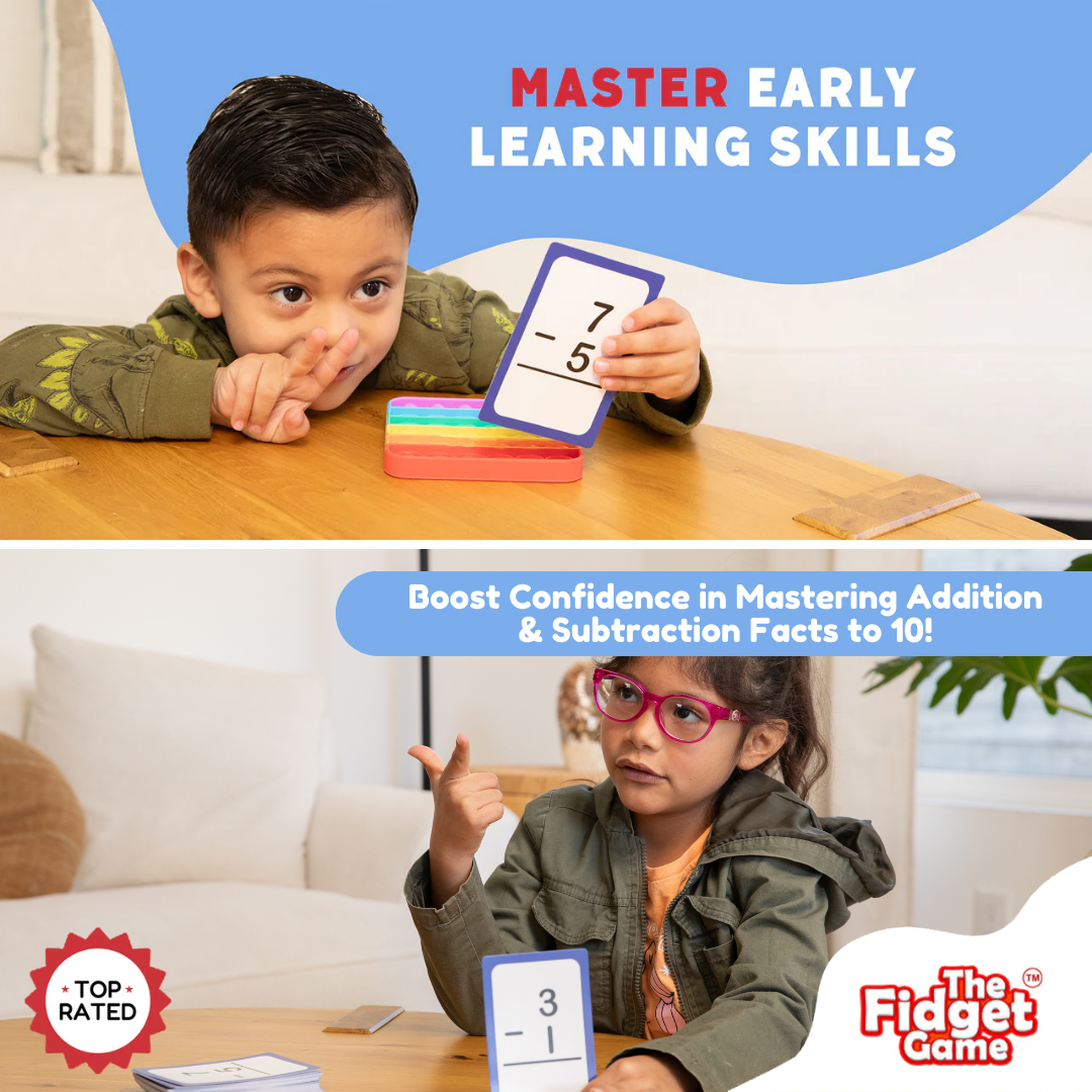 A split-screen image showing children using a Pre-K & K Addition & Subtraction Card Pack with math flashcards and a colorful fidget toy.