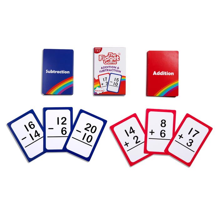 A box of Grade 1 & 2 Addition & Subtraction Card Pack flashcards shown with several example cards featuring simple math equations for fact practice.