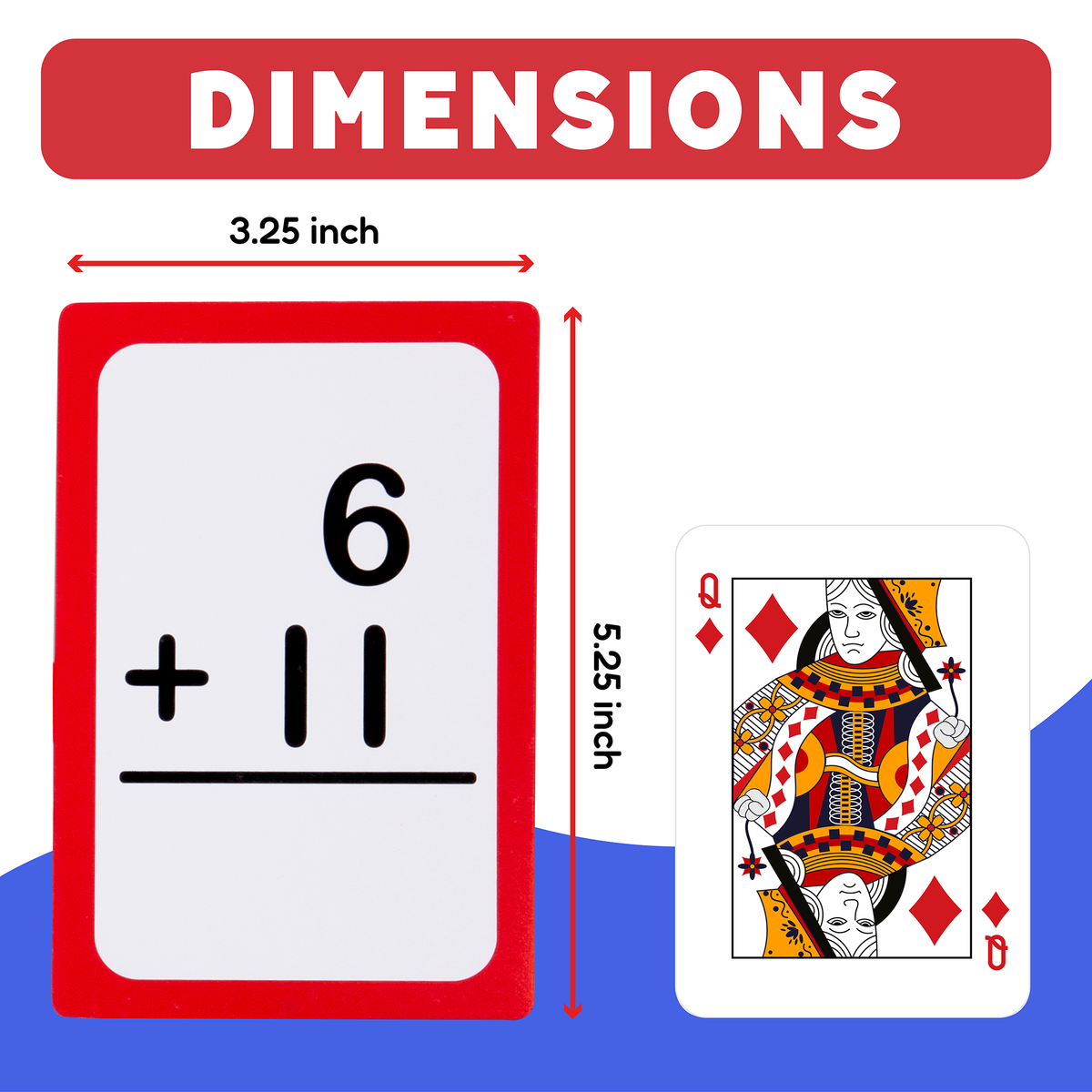 A Grade 1 & 2 Addition & Subtraction Card Pack flashcard showing 6 + 11 next to a playing card, with arrows indicating the card measures 3.25 by 5.25 inches.
