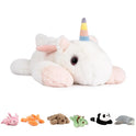 The Niuniu Daddy 20 Weighted Stuffed Animal in unicorn features soft white fur, a rainbow-striped horn, pink accents, and cushion-like design. It comes with six mini plush animals—a rabbit, fox, dog, dragon, panda, and whale—in similar poses.